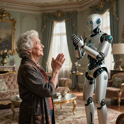 VFX movie of old woman applauding sleek futuristic robot in a decadent living room by Emmanuel Lubezki