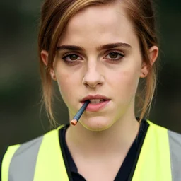 photo, close up, emma watson in a hi vis vest, chewing tobacco, bump in lower lip, portrait, kodak gold 2 0 0,