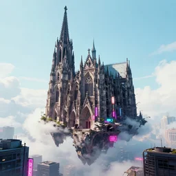 a ruined gothic cathedral floating on the clouds above a modern city by dan mumford and simon stalenhag, cyberpunk, vibrant, neon signs, high contrast, light blue sky