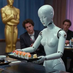 a still from a cyberpunk movie of a porcelain automata woman being used as a sushi serving plate, color grading, film, oscar, a 2 4, stanley kubrick, federico fellini, jacques tati, wes anderson