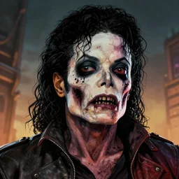 borderlands 3!!! extreme low angle head shot of michael jackson! cell shaded! scary head portrait of half zombie michael jackson! with dark eye sockets crow movie make up, zombie in horror concept art, llustration, postapocalyptic grunge, shocking, award winning futuristic borderlands zombie concept art by laurie greasley, highly detailed, zombie, sharp focus, hq, 4 k