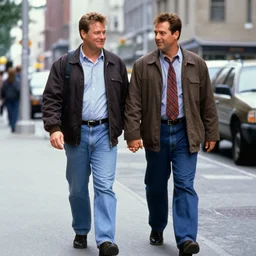 Chris Farley and David Spade walking down a city street while holding hands, 35mm film still from 1994, Panasonic camera