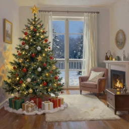 christmas morning, high definition oil painting