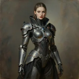 portrait of beautiful gothic and futuristic fashion model, space armour, cyber armour, highly detailed, artstation, illustration, composition, 8 k quality, art by jean delville, rene magritte, hyperrealism oil painting