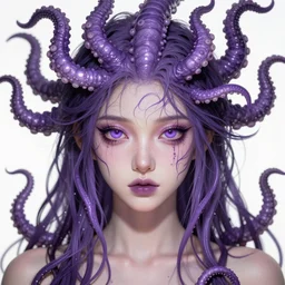 purple - eyed girl with tentacles on her head, photo realistic, face enhanced, detailed and intricate by alex grey, lisa frank, ayami, kojima, amano, karol bak, greg hildebrandt, mark brooks,, takato yamamoto