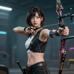 attractive sports woman in archery, pointing his bow, a grungy cyberpunk anime, highly detailed