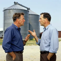 a pair of men having an argument outside of a grain silo, by norman rockwell