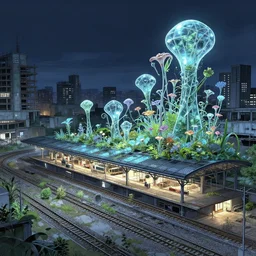a beautiful very detailed anime illustration of railway station city nature unfinished building abandoned building by moshe safdie, tron at night extraterrestial flowers bioshock made of glass nature, archdaily, wallpaper, highly detailed, trending on artstation.