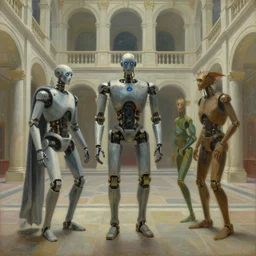 robot druids in a grandiose atrium, grant wood, pj crook, edward hopper, oil on canvas