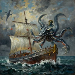 a painting of the kraken pulling a ship into the sea