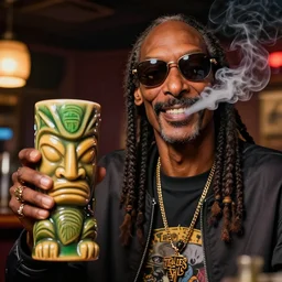 a closeup photorealistic photograph of happy stoned weed smoking snoop dogg at trader vic's bar holding up a trader vic's style tiki mug featuring snoop dogg's face. tiki culture. lit scene. 4 k hd image that's trending on artstation, featured on behance, well - rendered, extra crisp, features intricate detail, epic composition and the style of unreal engine.