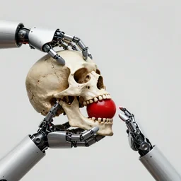 two advanced robotic hands and arms hold a skull, jaw open, pulling out a red sphere, art by filip hodas