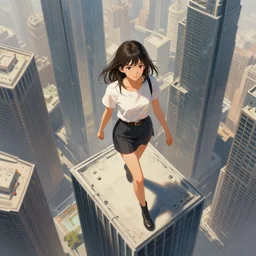 beautiful girl the size of skyscrapers walks around the city, top view, highly detailed, digital painting, artstation, sharp focus, illustration, art by tan zi