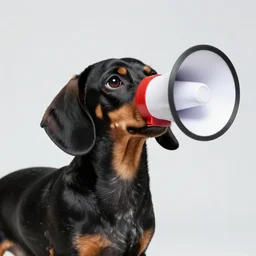 clear photo of a black and dapple Dachshund with a megaphone for a head