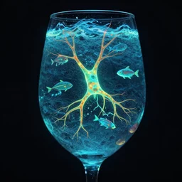 bioluminescent neurons floating wine glass with a dramatic turbulent ocean, fish robots swimming in the ocean, concept artists, backlit, dark background, intricate, indie studio, realistic, rim lighting, flourecent colors, emotional, sketch, realistic, dramatic shadows, whimsical, noise, stippling