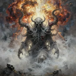 marvelous abomination, illustration, ominous , catarthic, god, mist, nuclear explosion background, volumetric lighting, soft lighting, soft details, painting oil on canvas by artgerm and jihun lee , octane render, HDR, trending on artstation, 4k, 8k, HD