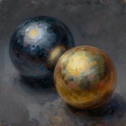 two spheres, cinematic lighting, award-winning, detailed oil painting, hyperrealistic, 8k