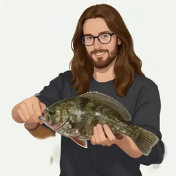 a german guy with very long brownish! hair, with glasses and very - short beard holding a flounder fish!, er succubus by artgerm, dent wu, dan mumford, beeple, wlop, rossdraws, james jean, marc simonetti, artstation giuseppe dangelico pino and michael garmash and rob rey and greg sleeves and huang guangjian and makoto shinkai