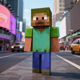 Minecraft villager lost i. Times Square , ultra realistic photo taken