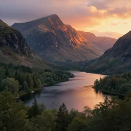 landscape scotland mountains sunset lake forest, deep focus, fantasy, intricate, elegant, highly detailed, digital painting, artstation, concept art, matte, sharp focus, illustration, art by artgerm and greg rutkowski