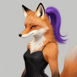 a woman covered in light orange fur with black fox ears, and a fox snout, she has purple hair tied up in to a ponytail, and is wearing a black dress. shaded artwork by odd nerdrum, furry art, fur - affinity, deviant art