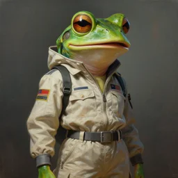 epic professional digital art of female human - frog hybrid animal wearing air force jumpsuit, humanoid frog head, frog mouth, painting, by leesha hannigan, iris van herpen, artstation, cgsociety, wlop, epic, much wow, much detail, gorgeous, detailed, cinematic, masterpiece