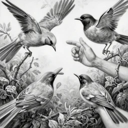highly detailed beautiful black and white oil painting of birds and hands, gesture, branches and foliage, dynamic lighting, harmony, beauty, masterpiece, durero, riccardo federici, james jean, craig mullins, alphonse musha, illustration, ink draw, spatula, splash