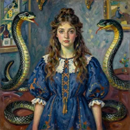 a painting by henri rousseau of a young russian woman in a room full of snakes