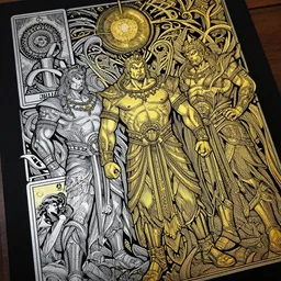 detailed mighty 1 2 olympians gods, by hokusai and james gurney + black paper with intricate and vibrant line work + tarot card + mandelbulb fractal + full of silver layers + portrait + trending on artstation + incredible gold and black gothic illustration + exquisite detail
