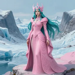 teal haired mage, female, glacier landscape, norway, d & d, fantasy, intricate, elegant, highly detailed, digital painting, pink and teal color palette, artstation, octane render, concept art, matte, sharp focus, illustration, herrarthstone, art by artgerm and greg rutkowski and alphonse mucha