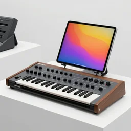 dezeen showroom, minimalissimo, archdaily,, teenage engineering moad, mother of all decks, product design concept, product shot of moog melotron synthesizer with ipad gradient screens designed by 2 0 4 6 lab, jony ives, dieter rams, 8 k, highly detailed photo