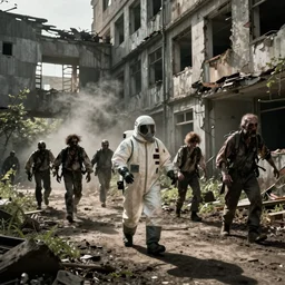 dystopian hazmat chased by zombie in dilapidated building. by Roger Deakins
