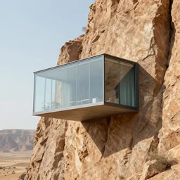 glass house built on the side of a sheer vertical cliff, brutalist architecture, desert, digital painting, detailed, highly detailed, smooth, sharp focus, 3 d rendering, octane, unreal engine, digital, maya, award winning, trending on artstation