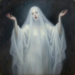 Beautiful painting of a ghostly lady having a delightful dream, oil on canvas, very detailed, by Jean Delville