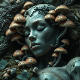 a bio - mechanical pretty sleeping giant woman with mushrooms as camouflage highly detailed, cinematic, perfect face, cyberpunk, fine details, studio lighting, subtle shadows, art by hieronymus bosch, photo - realism, hyper realism, octane render