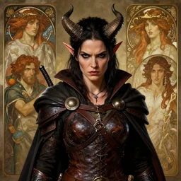 portrait of sunny leone as a surly and resentful female tiefling thief with small horns clothed in leather armor and a cloak, angry expression, by Greg Rutkowski and John Collier and Krenz Cushart and Artem Demura and Alphonse Mucha and Albert Aublet, as seen on ArtStation, 4k, dungeons and dragons, very aesthetic, very detailed, intricate, unreal, fantasy, dramatic, painterly, artstation, sharp focus, smooth