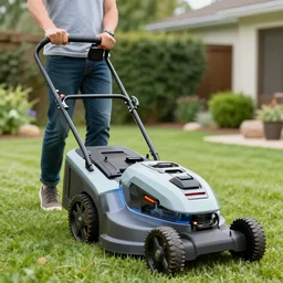 man using a very futuristic lawn mower in his yard, dslr photo