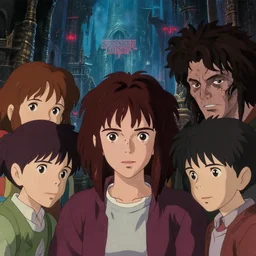 film still stranger thing, schwarzenegger beckinsale charlize theron lawther playing dnd, gm screen, finely detailed features, closeup at the faces, perfect art, at an ancient city, gapmoe yandere grimdark, trending on pixiv fanbox, painted by greg rutkowski makoto shinkai takashi takeuchi studio ghibli, akihiko yoshida