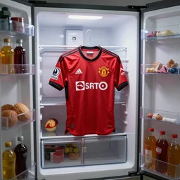a fridge as an man united player, realistic, highly detailed, dramatic, 4 k,