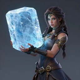a woman is holding a large ice block, concept art by cedric peyravernay, featured on cgsociety, fantasy art, daz 3 d, behance hd, artstation hd