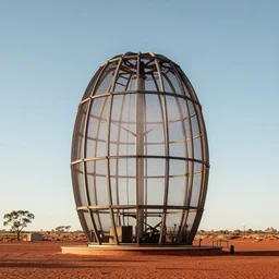 beautiful toroidal atmospheric water collector, fog collector tower with net, highly organized, in the australian red desert