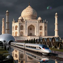 taj mahal, clockwork, moment, tectonic sky, skydome, bullet train, turbines, utopian, tech noir, wet reflections, prism, atmospheric, ambient, pj crook, syd mead, livia prima, artgerm, greg rutkowski, nick alm, casey baugh