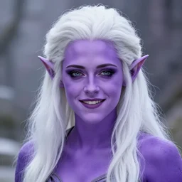 Purple skinned Kristen Stewart with white hair as a smiling Elf wizard. smooth purple skin! + purple skin Photorealistic digital art trending on artstation, artgem, 4k HD. Snow white hair, white haired, silver white hair