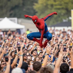 spiderman perfoming at woodstock, crowd of people