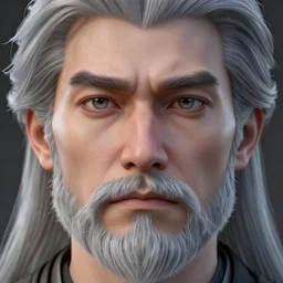 face closeup covered with 4 0 year old caucasian man, symmetric face, serious medium look, medium sized eyebrows, gren and grey eyes, pale skin, silver grey full beard with some black hairs, shoulder long silver grey hair, 3 d render, hyper - realistic detailed portrait, ruan jia, wlop