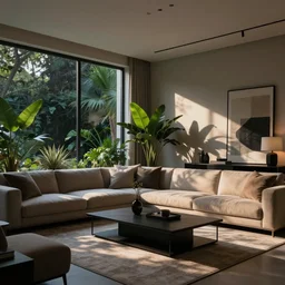 photorealisitic modern livingroom with plants and night through windows