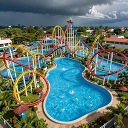 colorful rollercoasters over pools of bright blue water, birds eye view