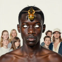 portrait of the god of bees, dark skin and white eyes. realistic, symmetrical face. art by bowater charlie, mark brooks, julie bell, arian mark, tony sandoval