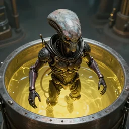 movie still frame, guild navigator mutant floating inside a vat of yellow fluid, intricate details, beautiful composition, 8 k, cgi, by ridley scott, james cameron, zack snyder, neill blomkamp and michael bay