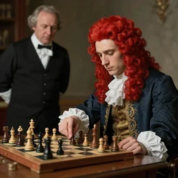 a beautiful man wearing a red wig playing chess with an older janitor. baroque. high quality artgem trending fantastic exquisite
